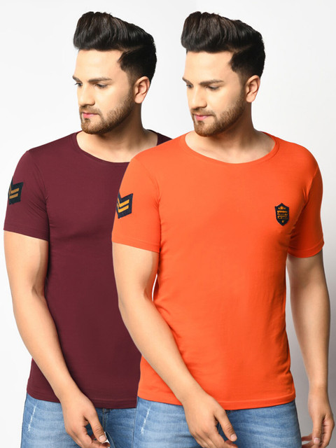 

ELEGANCE Men Pack Of 2 Burgundy & Orange Applique T-shirts