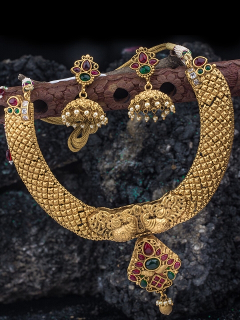 

Alankruthi Gold-Plated Pink & Green Stone-Studded & White Beaded Temple Jewellery Set