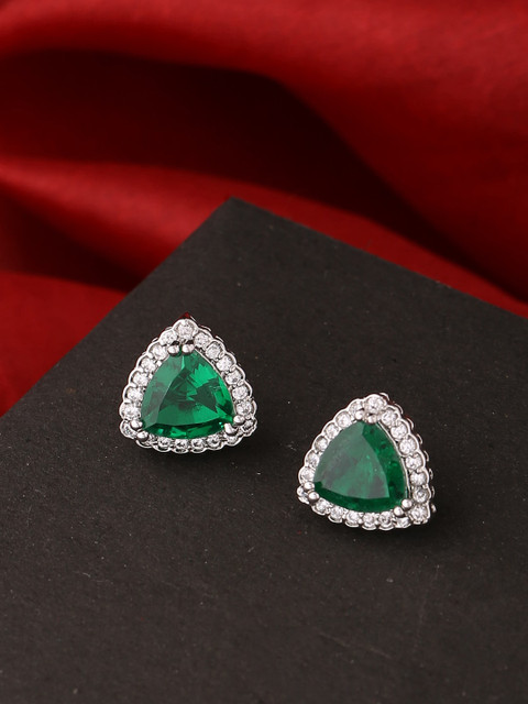 

Tistabene Rhodium-Plated & Green Stone Studded Contemporary Studs Earrings