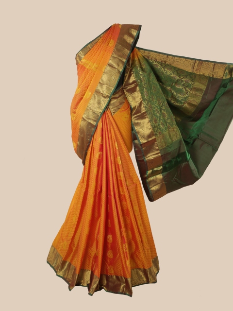 Pothys Orange & Green Ethnic Motifs Zari Pure Silk Kanjeevaram Saree