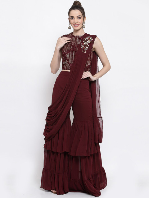

KHALOM Women Maroon Embroidered Sequinned Top with Sharara & Dupatta
