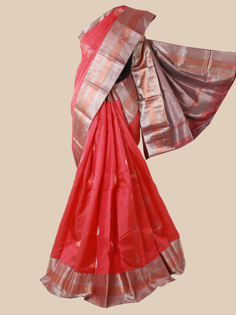 

Pothys Peach-Coloured & Silver-Toned Woven Design Zari Pure Silk Kanjeevaram Saree