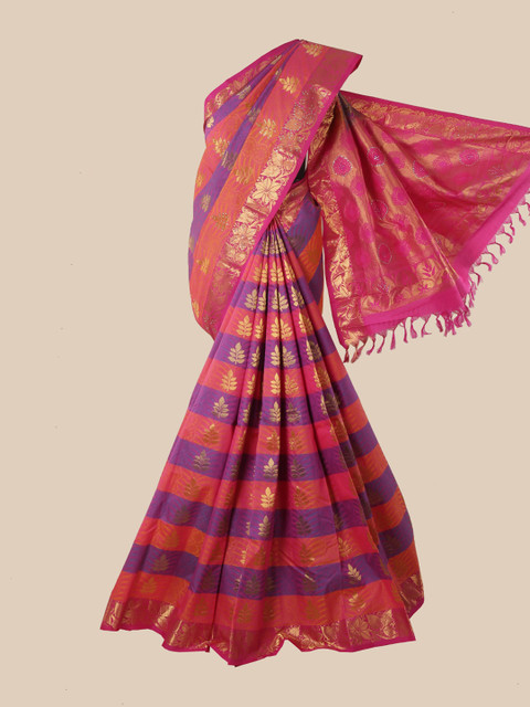 

Pothys Peach-Coloured & Purple Ethnic Motifs Beads and Stones Pure Silk Heavy Work Kanjeevaram Saree
