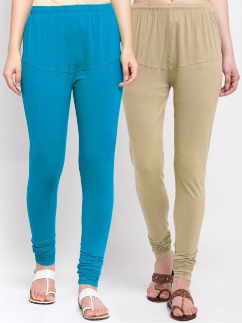 

KLOTTHE Women Pack of 2 Cotton Churidar-Length Leggings, Blue