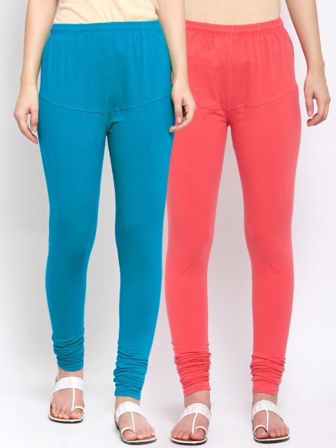 

KLOTTHE Women Pack of 2 Solid Cotton Churidar-Length Leggings, Peach