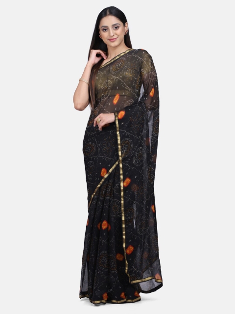 

Mirraw Black & Orange Ethnic Motifs Pure Chiffon Saree