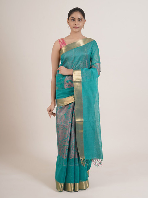 

Pothys Sea Green & Pink Checked Linen Blend Saree