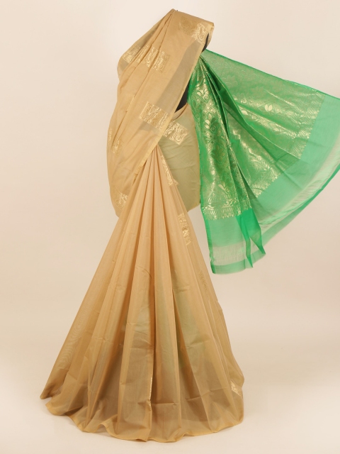 

Pothys Cream-Coloured & Green Ethnic Motifs Zari Silk Cotton Saree