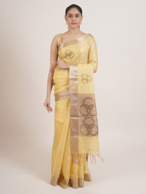 

Pothys Yellow & Gold-Toned Woven Design Zari Tissue Saree