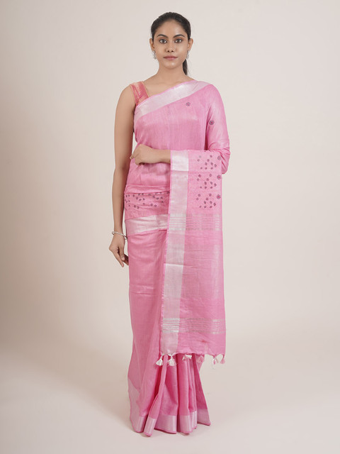 

Pothys Pink & Silver-Toned Floral Linen Blend Saree