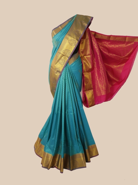

Pothys Turquoise Blue & Pink Woven Design Pure Silk Kanjeevaram Saree