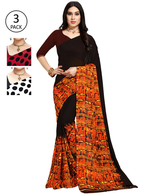 

KALINI Pack of 3 Printed Sarees, Red