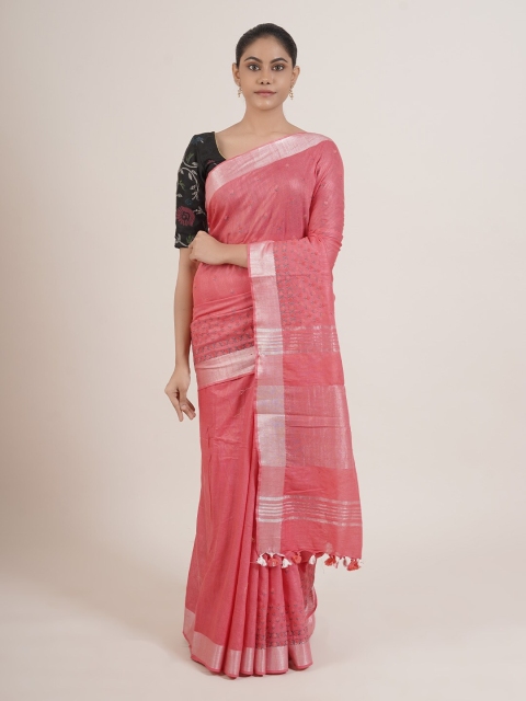 

Pothys Pink & Silver-Coloured Floral Embroidered Linen Blend Saree
