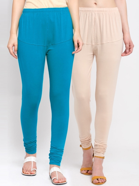 

KLOTTHE Women Pack Of 2 Solid Cotton Churidar-Length Leggings, Blue