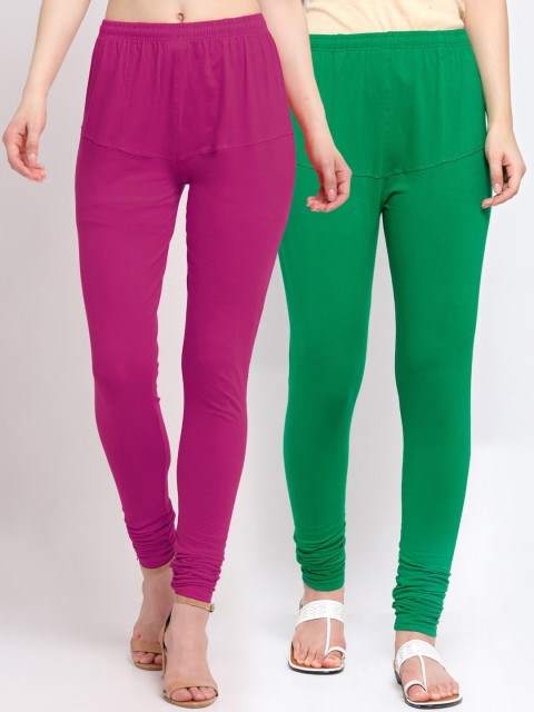 

KLOTTHE Women Pack of 2 Magenta & Green Cotton Churidar-Length Leggings