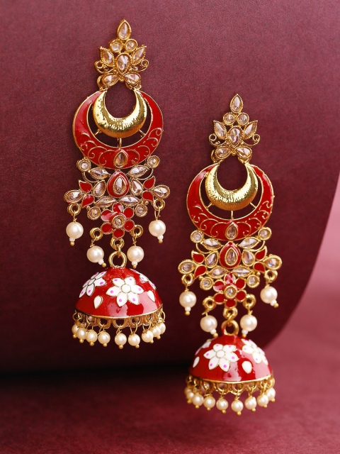 

Priyaasi Maroon & White Enamelled Pearls Studded Contemporary Jhumkas Earrings