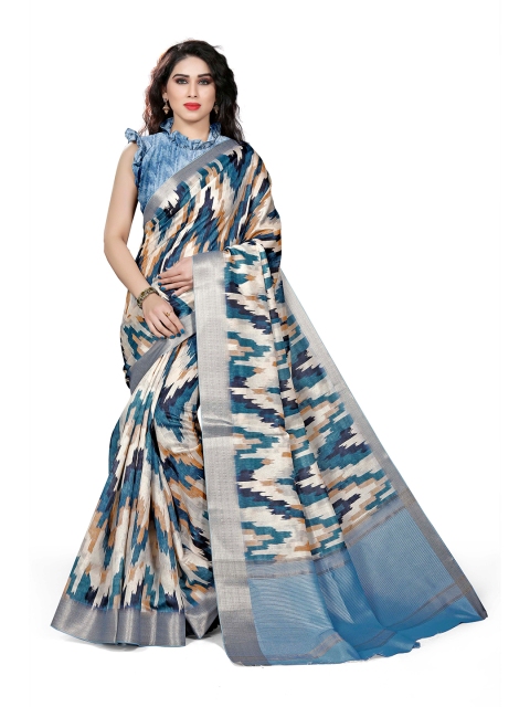 

KALINI Blue & Off-white Printed Zari Silk Blend Saree