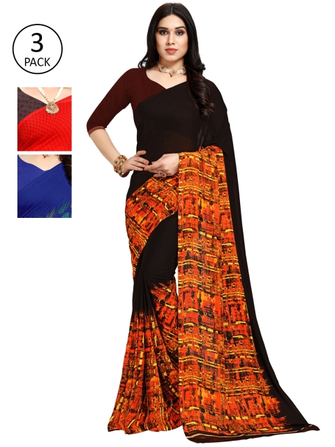 

KALINI Pack of 3 Poly Georgette Sarees, Blue