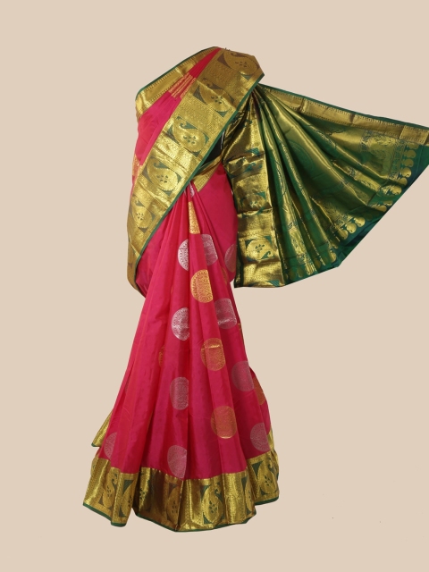 

Pothys Pink & Green Ethnic Motifs Zari Pure Silk Kanjeevaram Saree