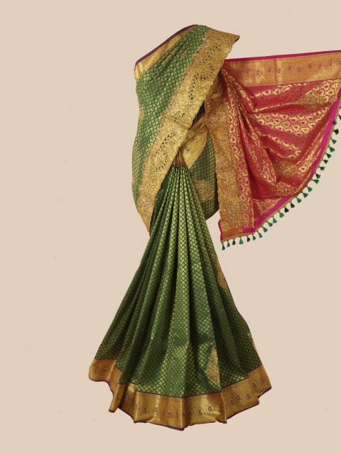 

Pothys Green & Gold-Toned Ethnic Motifs Zari Pure Silk Saree