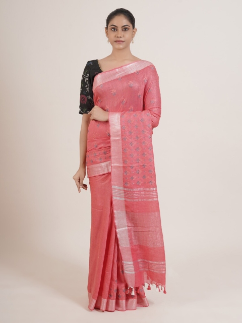

Pothys Pink & Grey Ethnic Motifs Linen Blend Saree