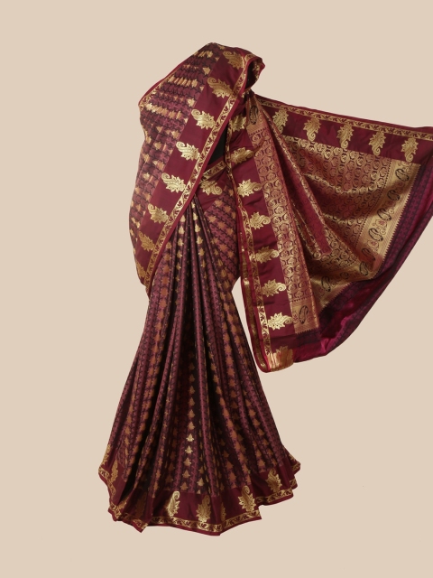 

Pothys Maroon & Gold-Toned Woven Design Zari Pure Silk Kanjeevaram Saree