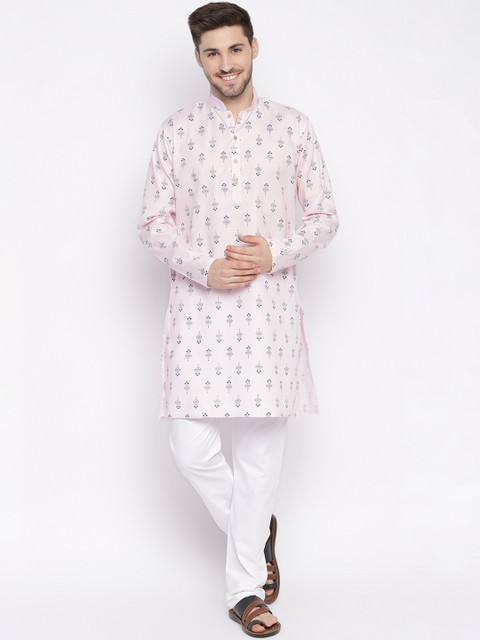 

Aj DEZInES Men Pink Floral Printed Angrakha Pure Cotton Kurta with Pyjamas