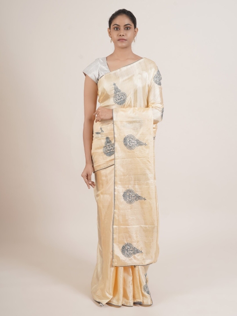 Pothys Cream-Coloured & Grey Ethnic Motifs Saree