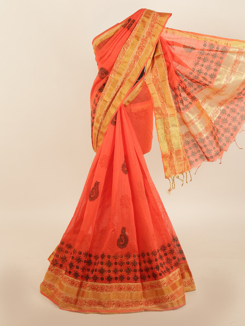 

Pothys Orange Paisley Hand Print Saree