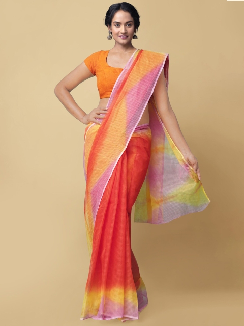 

Unnati Silks Orange & Yellow Tie and Dye Zari Pure Cotton Kota Saree