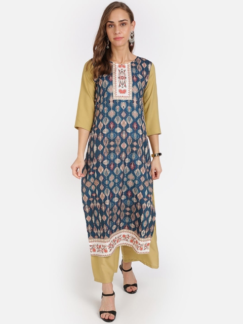 

SAADHVI Women Blue & Beige Ethnic Motifs Printed Crepe Kurta