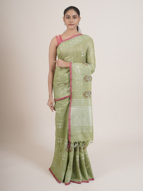 

Pothys Green & Pink Ethnic Motifs Jute Silk Saree