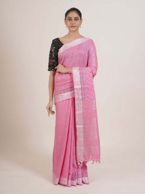 

Pothys Pink & Green Floral Printed Linen Blend Saree