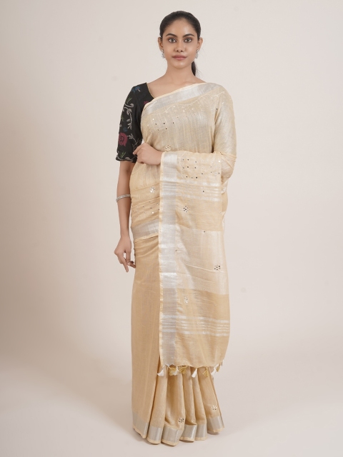 

Pothys Cream-Coloured & Silver-Toned Embellished Mirror Work Linen Blend Saree
