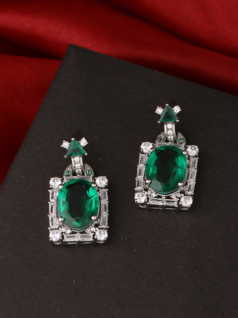 

Tistabene Rhodium-Plated & Green Stones Studded Contemporary Drop Earrings