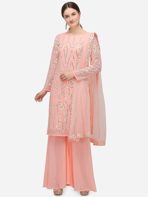 

JATRIQQ Peach-Coloured & White Embellished Semi-Stitched Dress Material