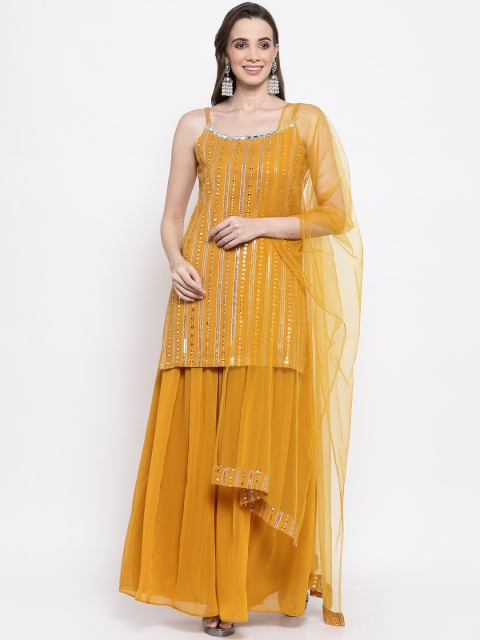 

KHALOM Women Mustard Yellow Embellished Georgette Kurti With Sharara & Dupatta