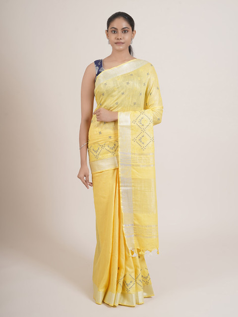 

Pothys Yellow & Grey Linen Blend Saree