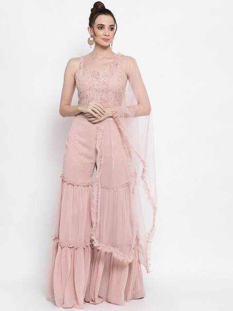 

KHALOM Women Pink Top with Sharara & Dupatta