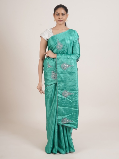 

Pothys Green & Grey Floral Embroidered Art Silk Saree