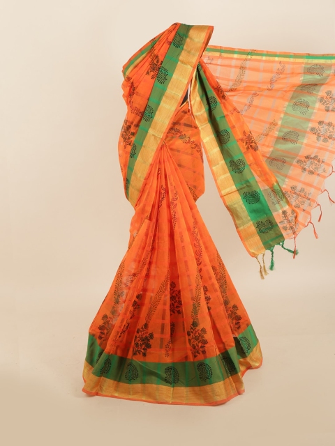 

Pothys Women Orange & Green Cotton Blend Printed Saree