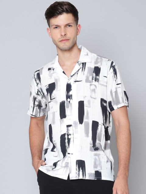 

LINDBERGH Men White & Black Abstract Printed Cotton Casual Shirt