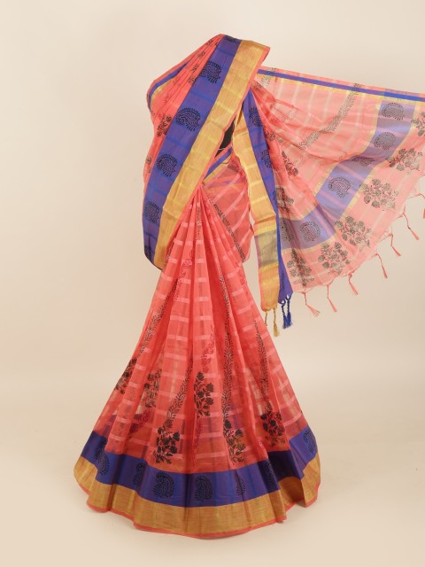 

Pothys Coral Pink & Purple Ethnic Motifs Hand Printed Saree