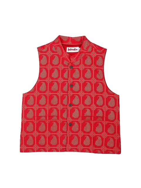 

Fabindia Boys Red & Beige Paisley Patterned Nehru Jacket