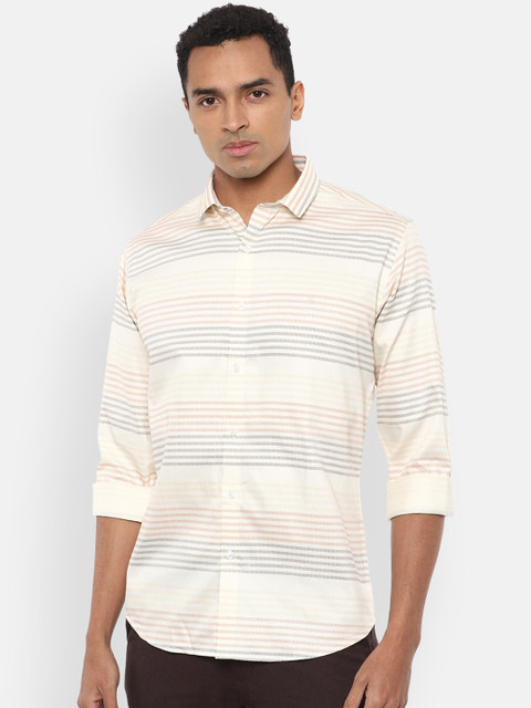

V Dot Men Cream-Coloured Slim Fit Horizontal Stripes Striped Casual Shirt