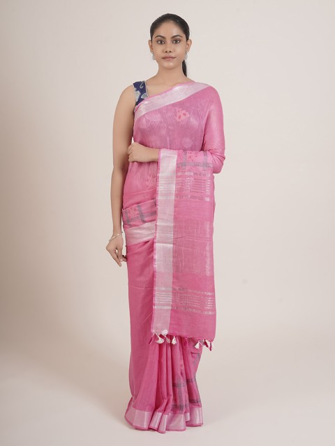 

Pothys Pink & Silver-Toned Floral Linen Blend Saree