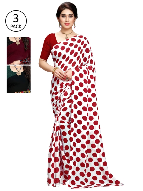 

KALINI Pack Of 3 White & Maroon & Black Printed Sarees, Red