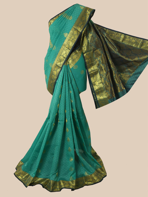 

Pothys Green & Gold-Toned Ethnic Motifs Zari Pure Silk Kanjeevaram Saree