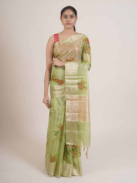

Pothys Green & Orange Floral Tissue Saree