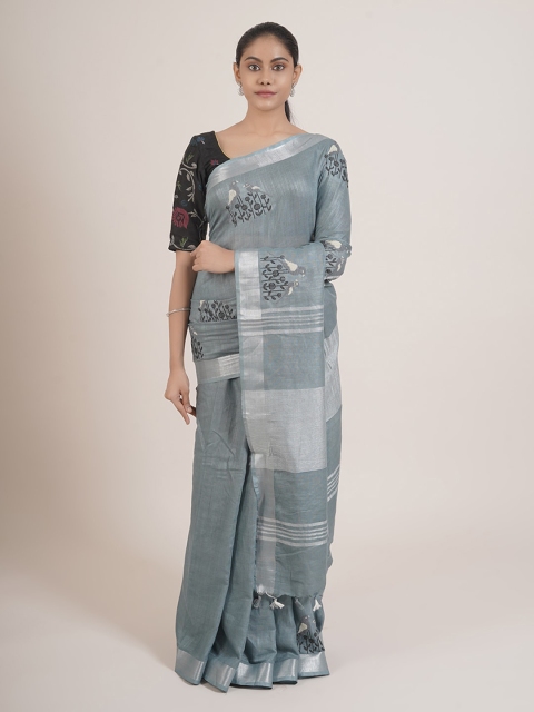 

Pothys Grey & Black Floral Zari Linen Blend Saree